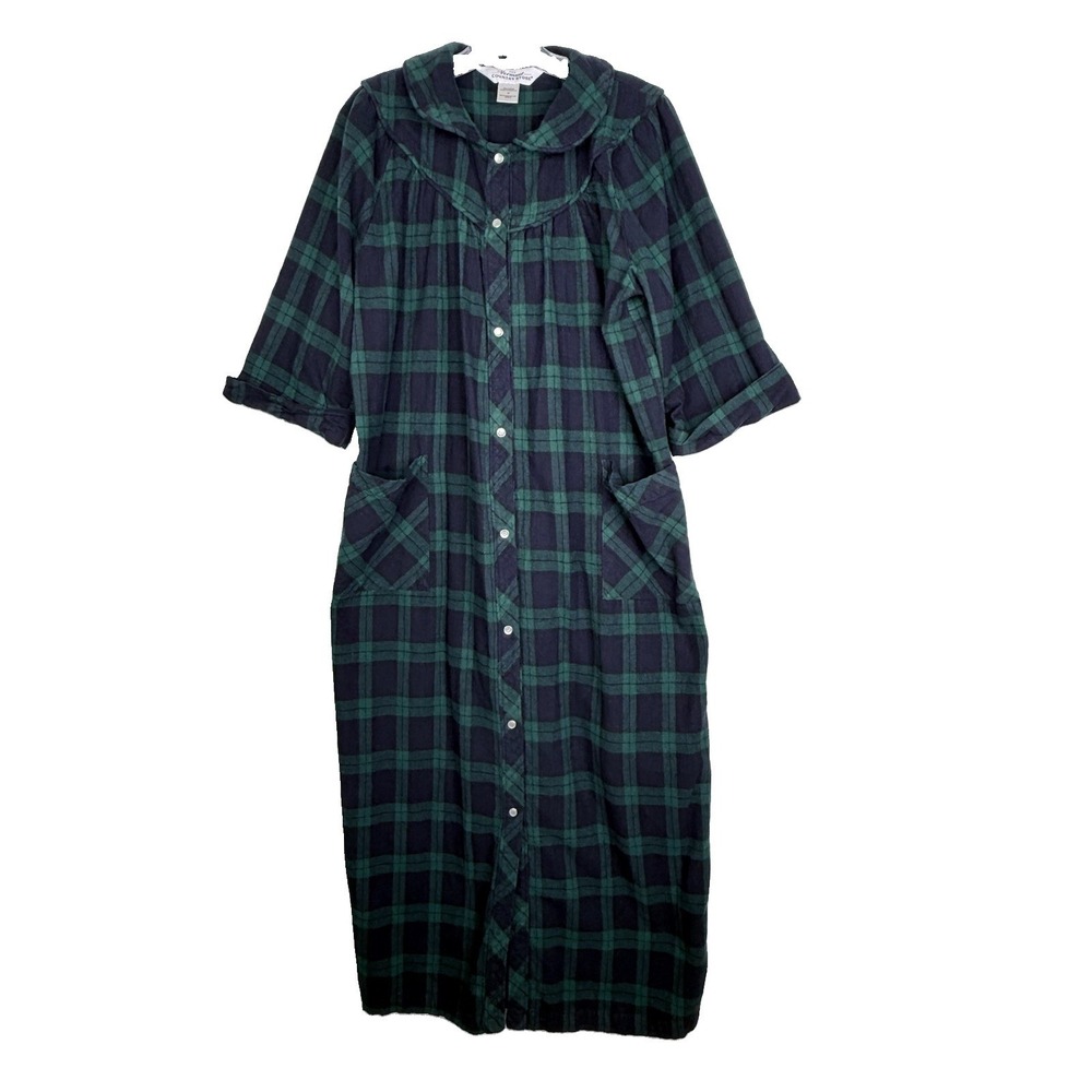 Vermont Country Store FLANNEL PLAID NIGHTGOWN Robe Blue Green M Tartan Long Snap